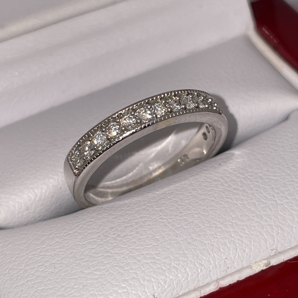 Real Solid 14K White Gold Natural Diamond Semi Eternity Milgrain Band Ring